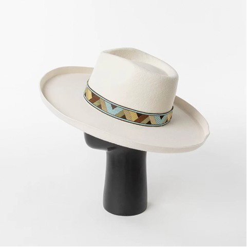 Embroidered Ribbon Wide Brim Fedora Hat
