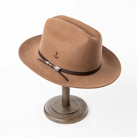 Wool Felt Wide Brim Fedora Hat with Burned Anchor Decoration