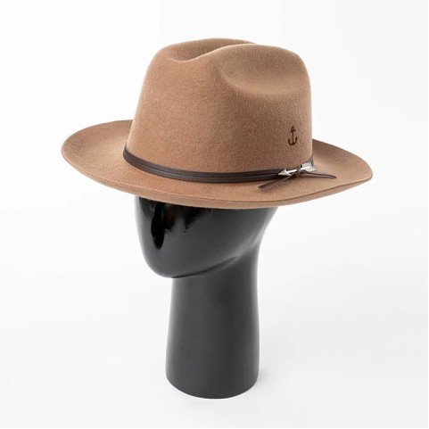 Wool Felt Wide Brim Fedora Hat with Burned Anchor Decoration