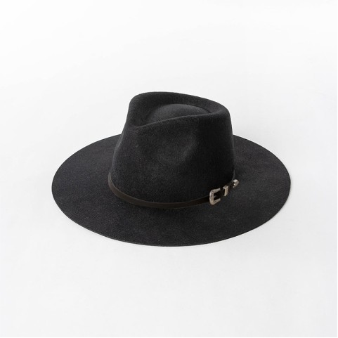 Wide-Brimmed Wool Felt Hat with Polyurethane and Buckle Belt Trim