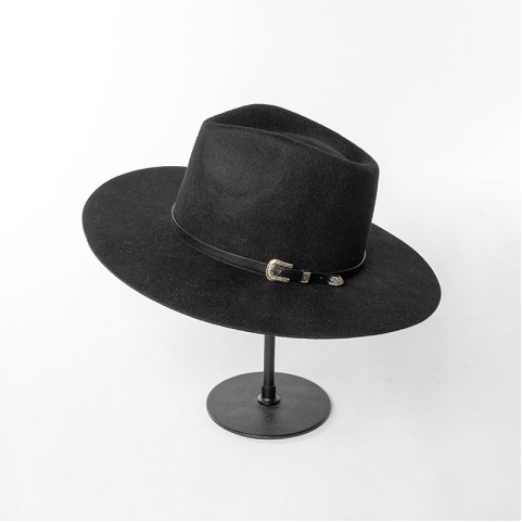 Wide-Brimmed Wool Felt Hat with Polyurethane and Buckle Belt Trim