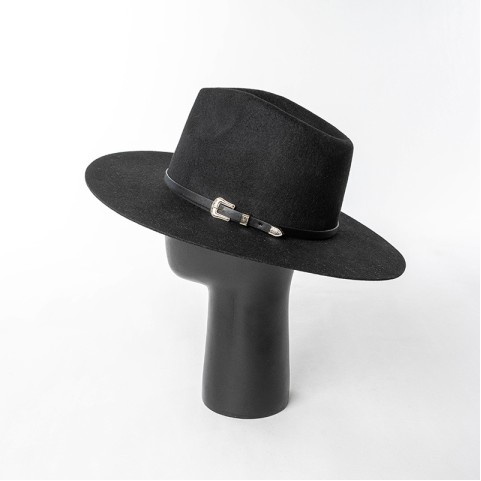 Wide-Brimmed Wool Felt Hat with Polyurethane and Buckle Belt Trim