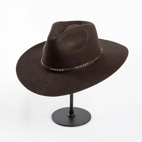 Wool Felt Fedora with Faux PU Leather Band and Wide Brim