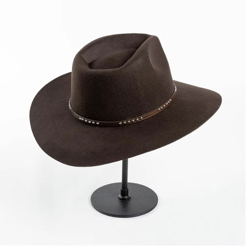 Wool Felt Fedora with Faux PU Leather Band and Wide Brim