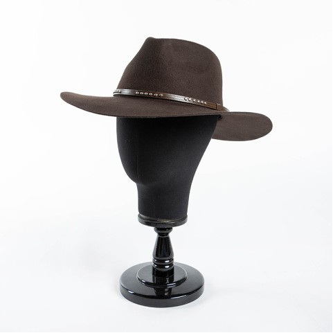 Wool Felt Fedora with Faux PU Leather Band and Wide Brim