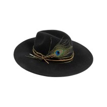 Wide Brim Wool Felt Fedora Hat with Hand-Embroidered Peacock Feather Decoration