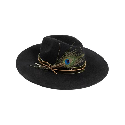 Wide Brim Wool Felt Fedora Hat with Hand-Embroidered Peacock Feather Decoration