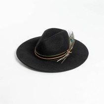Wide Brim Wool Felt Fedora Hat with Hand-Embroidered Peacock Feather Decoration