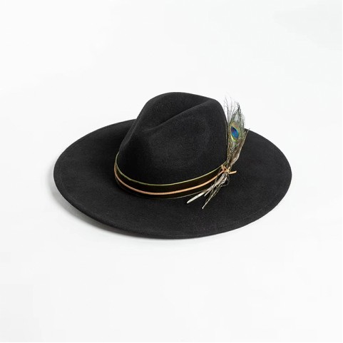 Wide Brim Wool Felt Fedora Hat with Hand-Embroidered Peacock Feather Decoration