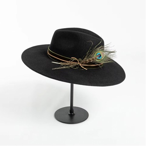 Wide Brim Wool Felt Fedora Hat with Hand-Embroidered Peacock Feather Decoration