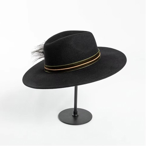 Wide Brim Wool Felt Fedora Hat with Hand-Embroidered Peacock Feather Decoration