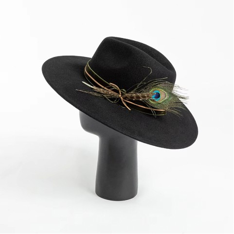 Wide Brim Wool Felt Fedora Hat with Hand-Embroidered Peacock Feather Decoration