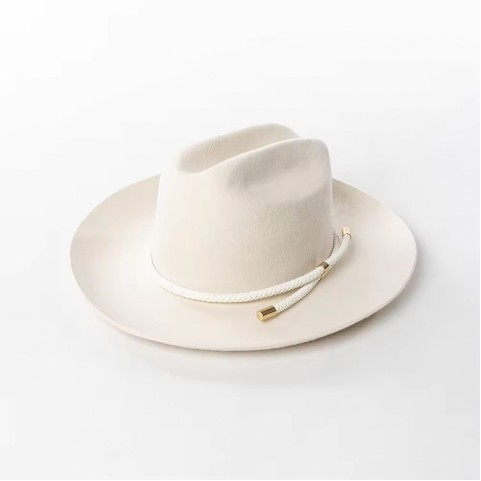 Handmade Wool Felt Fedora Hat with Woven Rope Wide Brim Design