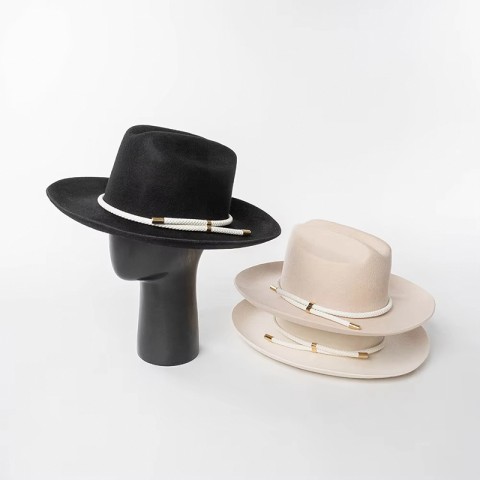 Handmade Wool Felt Fedora Hat with Woven Rope Wide Brim Design