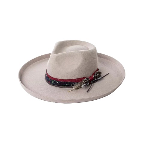 Rollable Brim Print Feather Embellished Wool Felt Fedora Hat