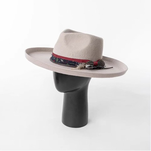 Rollable Brim Print Feather Embellished Wool Felt Fedora Hat
