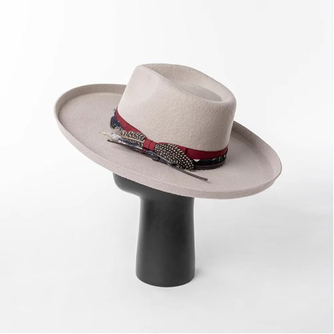 Rollable Brim Print Feather Embellished Wool Felt Fedora Hat