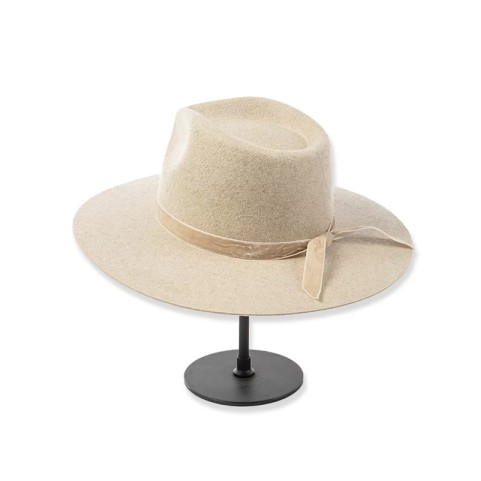 100% Wool Felt Fedora with Velvet Ribbon Trim and Wide Brim