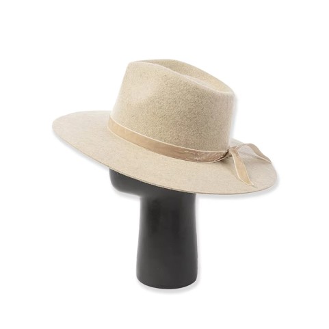 100% Wool Felt Fedora with Velvet Ribbon Trim and Wide Brim