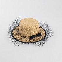 Raffia Straw Boater Hat with Veil and Bow
