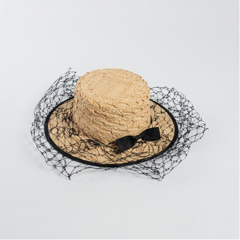 Raffia Straw Boater Hat with Veil and Bow