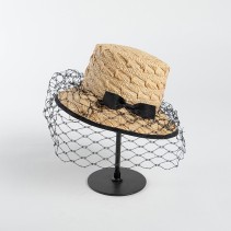 Raffia Straw Boater Hat with Veil and Bow
