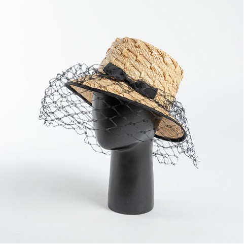 Raffia Straw Boater Hat with Veil and Bow