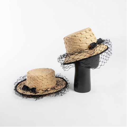 Raffia Straw Boater Hat with Veil and Bow