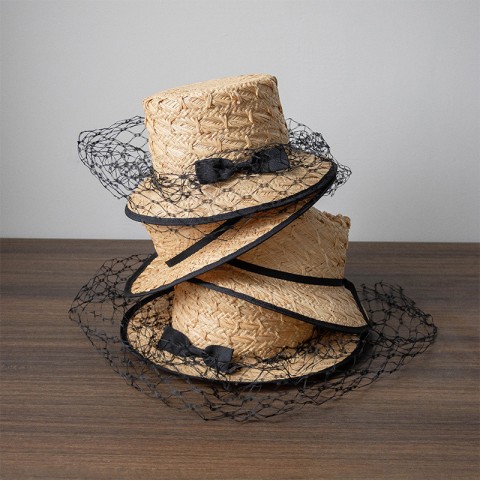 Raffia Straw Boater Hat with Veil and Bow