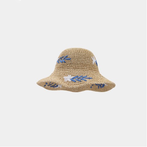 Hand-Woven Wide-Brimmed Straw Hat with Floral Accents