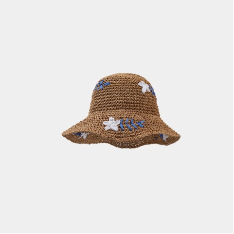 Hand-Woven Wide-Brimmed Straw Hat with Floral Accents