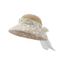 Hand-Woven Wide-Brimmed Straw Hat with Lace Bow