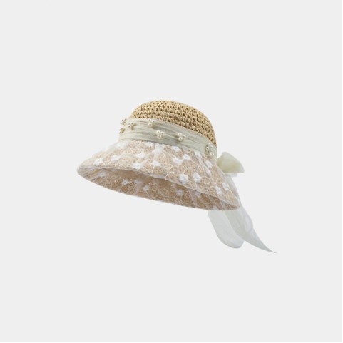 Hand-Woven Wide-Brimmed Straw Hat with Lace Bow
