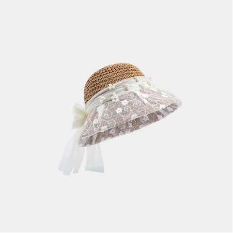 Hand-Woven Wide-Brimmed Straw Hat with Lace Bow