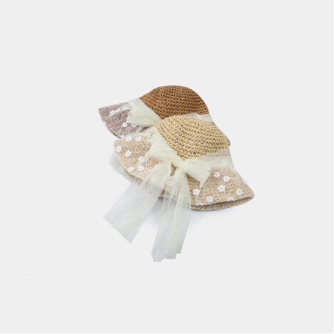 Hand-Woven Wide-Brimmed Straw Hat with Lace Bow